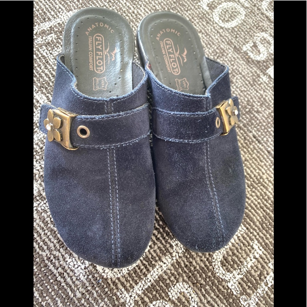 Fly Flot Blue Vera Pelle Suede Clogs Size 37